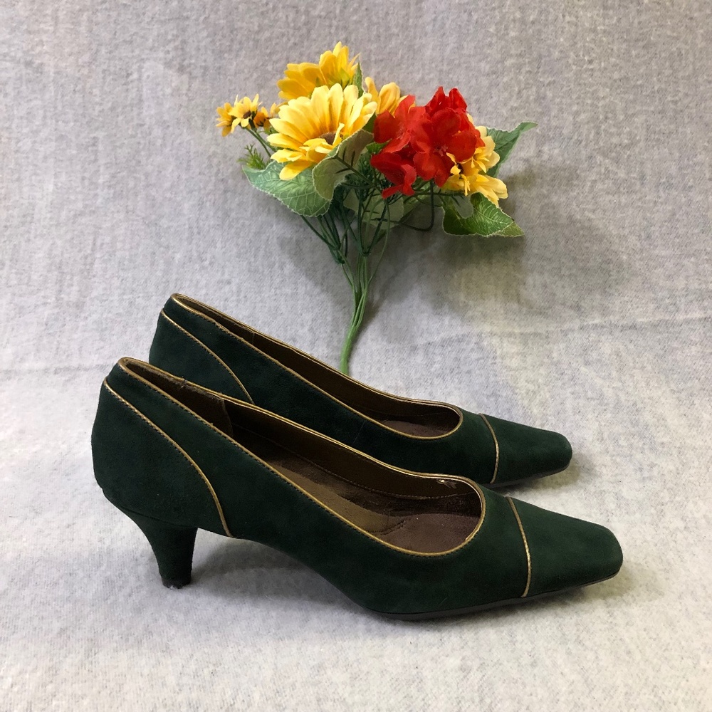 NWT - Forest Green Suede Pumps with Gold Trim